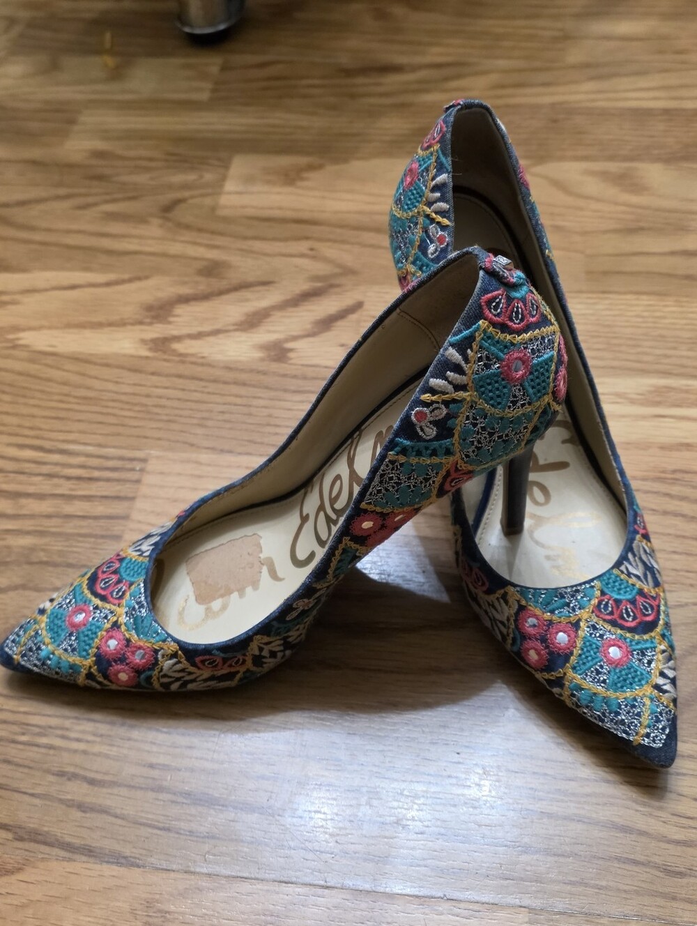 Sam Edelman Teal Floral Embroidered Pointed-Toe Heels - Picture 3 of 14
